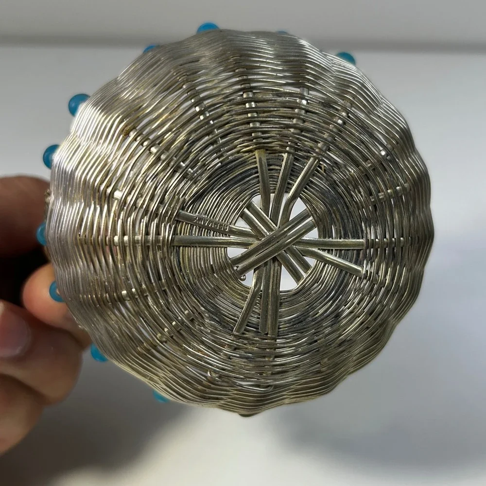 Vintage Silver Wire Woven Miniature Basket with Turquoise Blue Glass Beads 3in